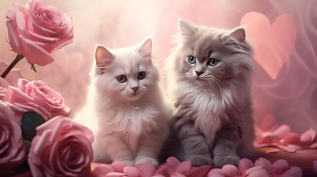 Deux petits chats sur un fond avec des fleurs et des coeurs. Animal domestique, chat, chaton, mignon, amour. Fond pour conception et création graphique.
