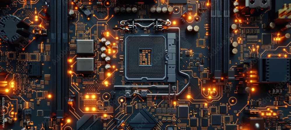 Aufkleber Computer motherboard with CPU. Circuit board system chip with core processor. Computer technology background.