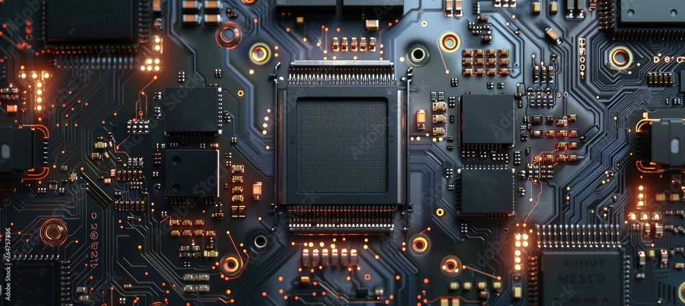 Aufkleber Computer motherboard with CPU. Circuit board system chip with core processor. Computer technology background.