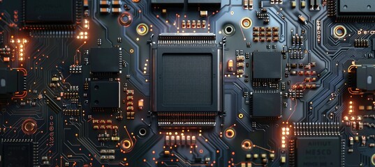 Fototapeta premium Computer motherboard with CPU. Circuit board system chip with core processor. Computer technology background.