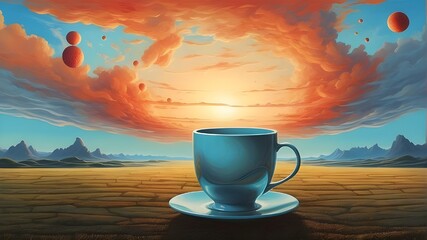  promptSurrealistic painting portraying an English textured field with a soccer cup in the center at sunrise. The field twists and contorts in fantastical ways, with surreal elements l