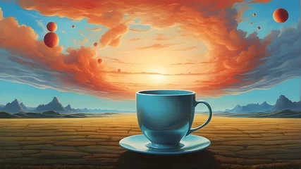 Foto op Plexiglas  promptSurrealistic painting portraying an English textured field with a soccer cup in the center at sunrise. The field twists and contorts in fantastical ways, with surreal elements l © Waqasiii_Arts 