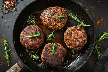 Organic beef hamburger patties with spices in a frying pan. Top view. - obrazy, fototapety, plakaty