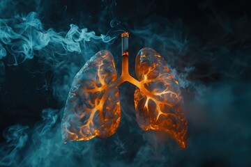 Human lungs made of particles with smoke, symbolizing respiratory issues and smoking effects. - obrazy, fototapety, plakaty