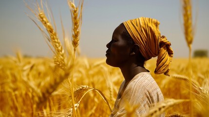 A silhouette of a woman with a headscarf standing peacefully in a sunny wheat field. - obrazy, fototapety, plakaty