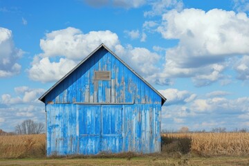 Obraz premium Vintage blue barn with a rustic appearance in a tranquil rural landscape