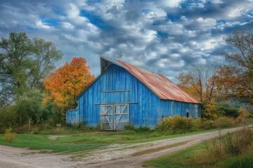 Obraz premium Vintage blue barn with a rustic appearance in a tranquil rural landscape