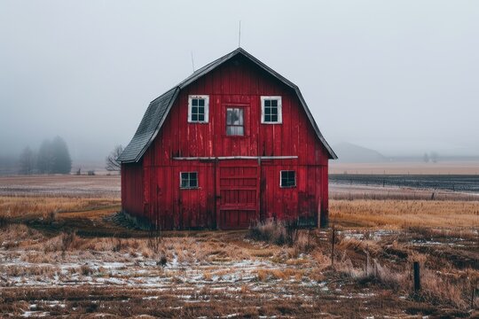 Red barn on farm landscape
