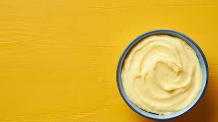 Bowl with melted butter or cheese on yellow background, top view, copy space. Dairy products