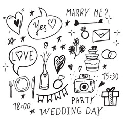 Great wedding set line art graphics. Wedding elements, calligraphy text isolated on a white background. Doodling is a celebration.