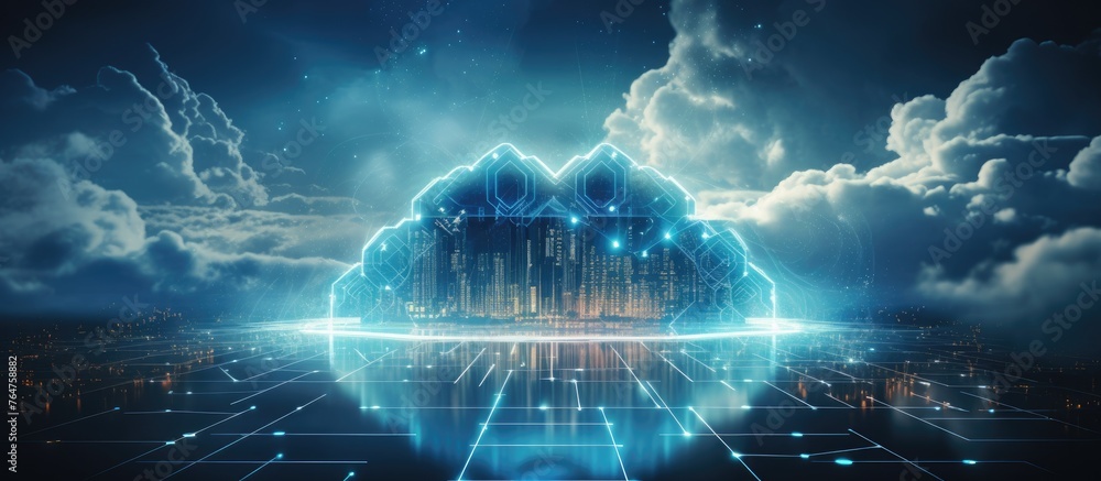Poster create an image of a cityscape in the future featuring advanced architecture, a sleek cloud formatio