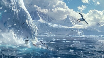 A group of penguins birds soar gracefully across the sky, their wings outstretched as they fly over a shimmering body of water. The birds form a beautiful spectacle against the backdrop of the water