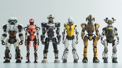 A lineup of six variously designed robots showcasing technology diversity and AI concepts.