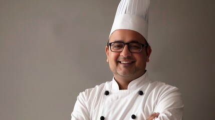 A happy Indian chef wearing a toque is shown against a grey background in a cooking-related - obrazy, fototapety, plakaty