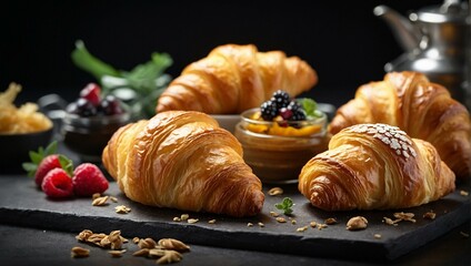 Perfectly baked croissants accompanied by granola, berries, and honey on a slate serving board