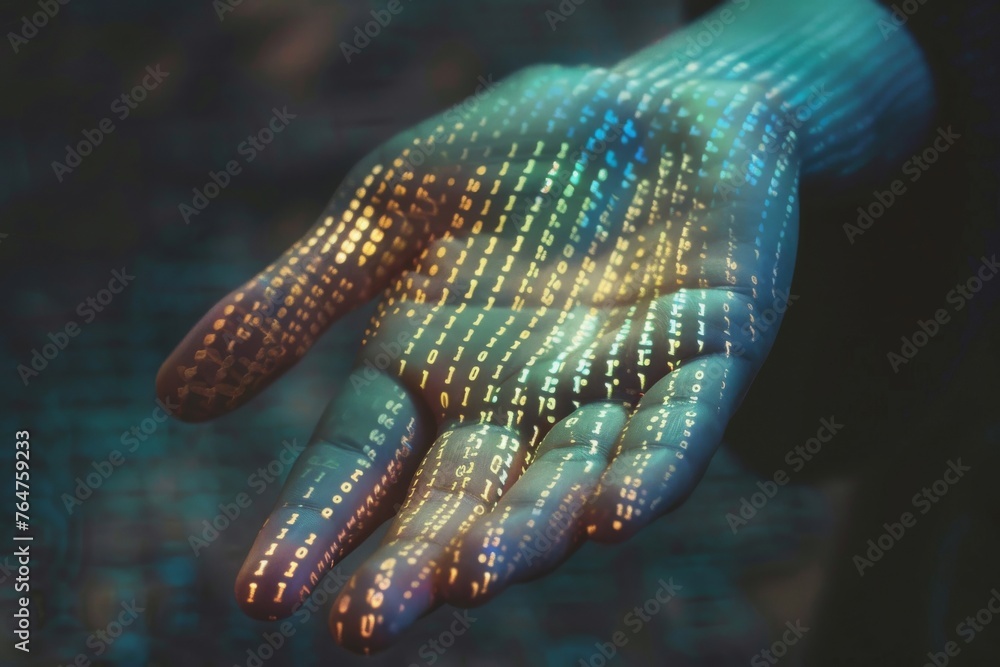 Wall mural a hand covered in binary code