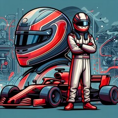 Obraz premium Animated Motorsport driver & his f1 