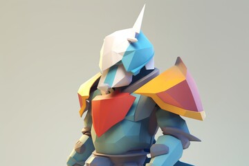 A stoic digital knight with a crest on his helmet standing in a defensive position - obrazy, fototapety, plakaty