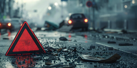 Closeup shot of a triangle attention sign on car accident site, parts of the car scattered - 764759409