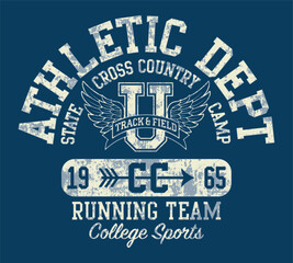College track and field cross country running vintage athletic vector boy t shirt grunge effect in separate layer
- 764759864