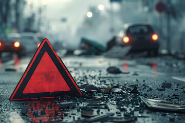 Closeup shot of a triangle attention sign on car accident site, parts of the car scattered - 764759886