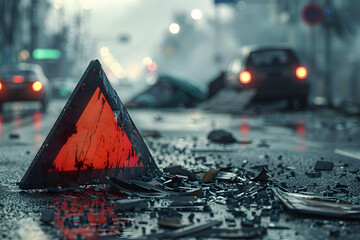 Closeup shot of a triangle attention sign on car accident site, parts of the car scattered - 764760272