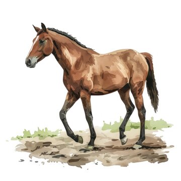 Horse walking, Cartoon clipart watercolor art styles hand drawn Illustration