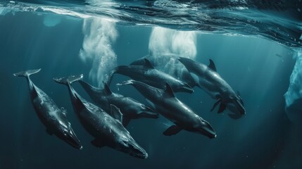 A pod of Whales gracefully swim in the ocean, their streamlined bodies slicing through the water as they surface for air. The dolphins move in unison, their sleek form gliding effortlessly through the
