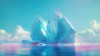 A towering iceberg drifts in the middle of the open ocean, surrounded by nothing but endless water. Its sheer size and icy structure dominate the vast seascape.