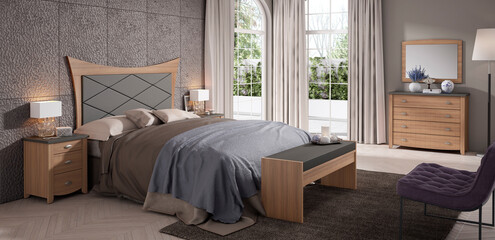 Interior design of a double bedroom with minimalist trend furniture, vintage style, augmented reality, mockup,