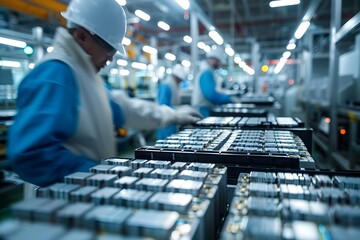 Workers in a battery production factory inspecting and assembling lithiumion batteries to meet quality and safety standards. Concept Manufacturing process, Quality control, Battery assembly