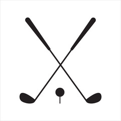 Golf icon. Crossed golf clubs or sticks with ball on tee. Pair of iron icon or wedge golf club flat vector icon for sports apps and websites - obrazy, fototapety, plakaty