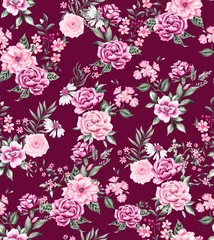Poster Watercolor flowers pattern, pink tropical elements, green leaves, red background, seamless © Leticia Back