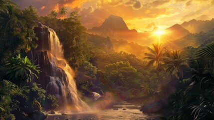A cascading waterfall flows through the dense foliage of a vibrant Asian jungle, creating a mesmerizing scene of natures power and beauty.