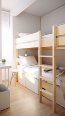 Fototapeta na wymiar Showcasing a cozy hostel with neatly arranged dormitory beds and clean floorsStudio shot luxurious design elegant simplicity