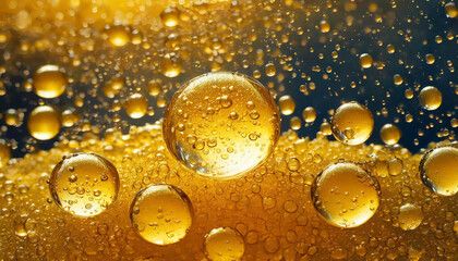 Close-up of golden drops. Oil bubbles texture. Facial serum. Skin care cosmetic. Abstract background
