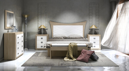 Interior design of a double bedroom with minimalist trend furniture, vintage style, augmented reality, mockup,