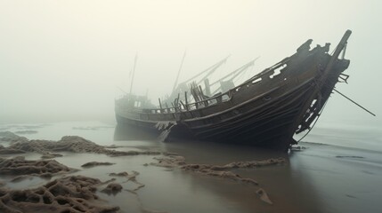 A spectral shipwreck fading in and out of view in the mist - obrazy, fototapety, plakaty
