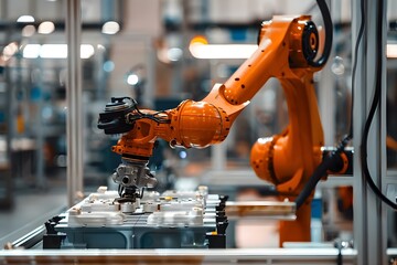 Robotic arm in orange at a giga factory assembling electric vehicle batteries supporting green energy and net zero carbon emissions by 2050. Concept Robotics, Giga Factory, Electric Vehicles