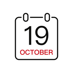 October 19 date on the calendar, vector line stroke icon for user interface. Calendar with date, vector illustration.