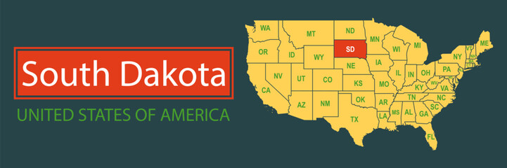 Banner, highlighting the boundaries of the state of South Dakota on the map of the United States of America. Vector map borders of the USA South Dakota state.