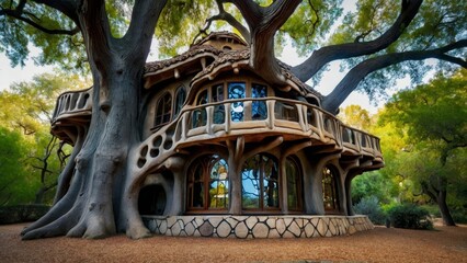 futuristic oak tree house design - obrazy, fototapety, plakaty