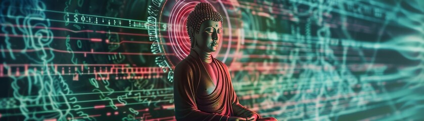Zen Buddha statues line the streets of a cyberpunk city their calm an antidote to the surrounding digital matrix frenzy - obrazy, fototapety, plakaty