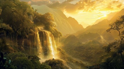 A painting depicting a cascading waterfall in the midst of a vibrant Asian jungle. The water tumbles down the rocks, surrounded by lush greenery and towering trees.