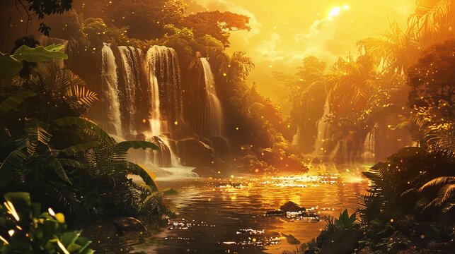 A painting depicting a cascading waterfall surrounded by dense foliage in a vibrant Asian jungle setting. The water flows energetically down the rocks, creating a mesmerizing scene of natures power.