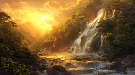 A painting depicting a cascading waterfall in the heart of a dense Asian forest. The water flows gracefully amidst the greenery, creating a serene atmosphere.