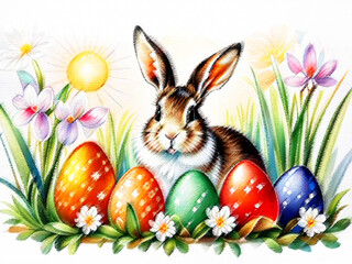 Fototapeta na wymiar easter eggs and bunny pastel illustration