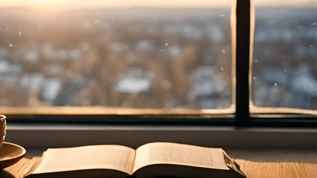 A cup of coffee and a book by the window with a view of city and sunset 