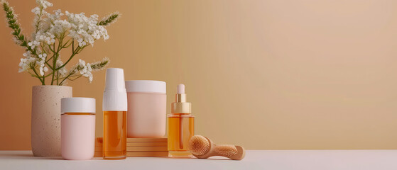 Beige natural pastel cosmetic mockup. Banner with cream jar, container, serum bottle, dry flowers and leaf. Shadows effect. Skin Care beauty concept. Showcase for product presentation. Generative ai