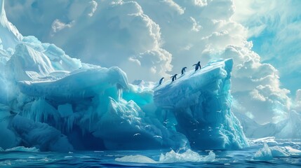 A group of Penguins standing confidently on the icy surface of a large iceberg, showcasing their resilience in the harsh, frozen environment.